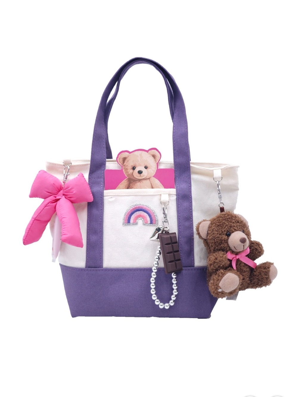 Kids Purple and White Tote Bag with Pink Bow and Bear Charm